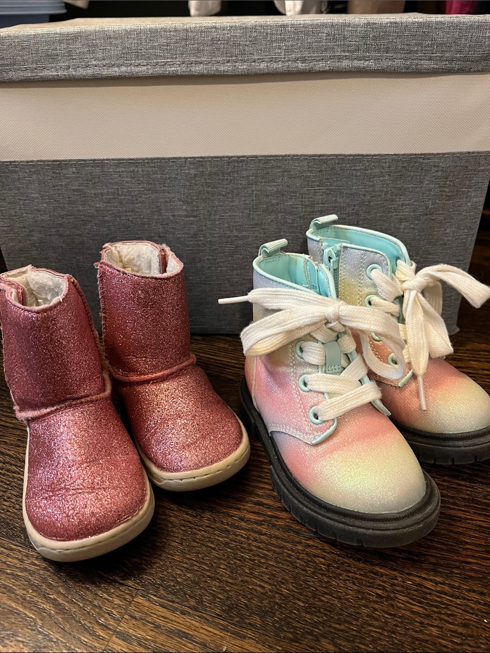 Baby size 6 Glitter Pink Boots and Pastel Rainbow Lace-Up Boots - 2 Pairs